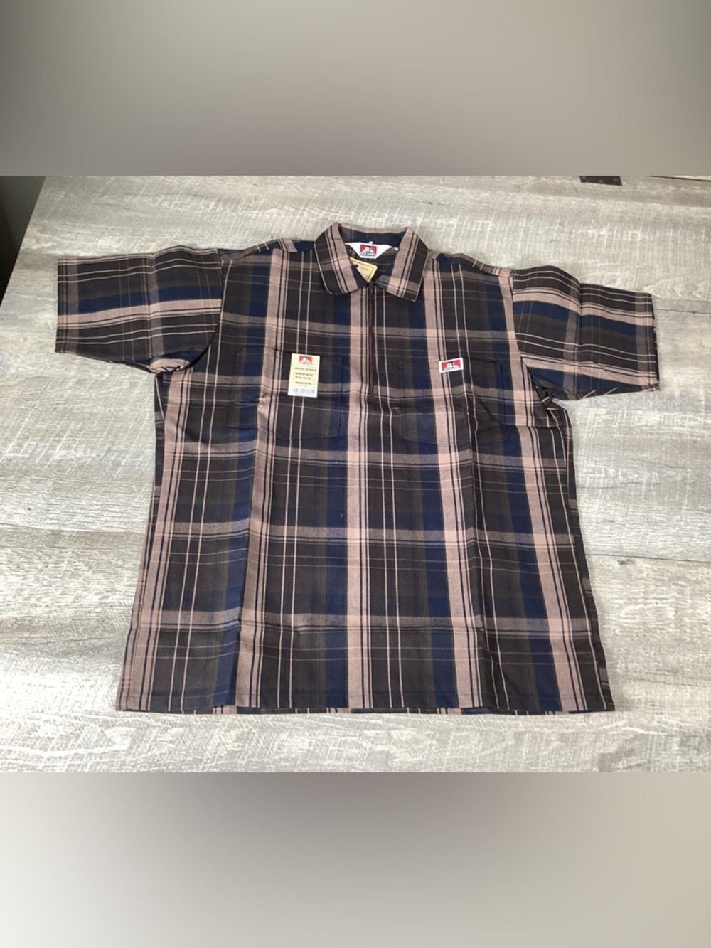 Ben Davis Plaid Work Shirt Mens M Brown Blue Zip Short Sleeve NWT